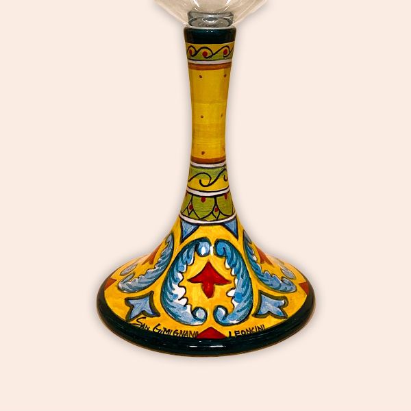 ELEGANT LEAD-FREE CRYSTAL GLASS WITH CERAMIC STEM. DESIGN: GEOMETRIC IN YELLOW, GREEN AND RED cm.23h